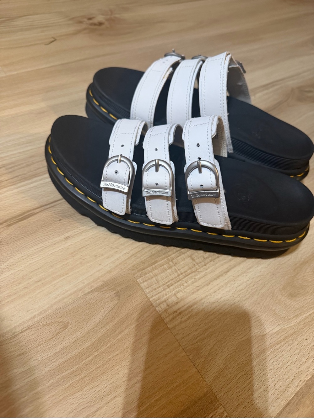 Dr. Martens White Triple Buckle Platform Sandals with Yellow Stitching - Picture 2 of 3
